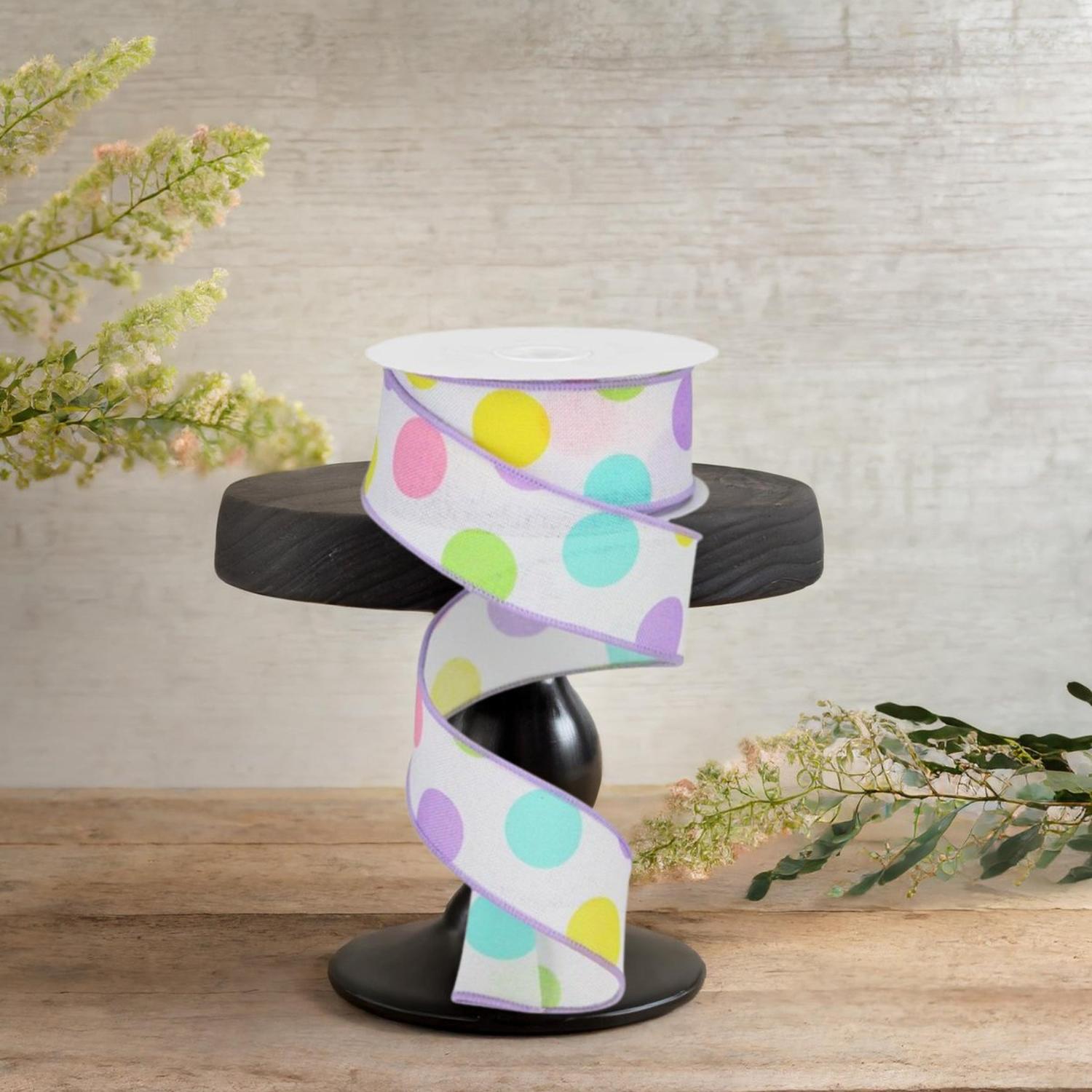 Shop For 1.5" Multi Polka Dots on Royal Ribbon: White/Lavender (10 Yards)