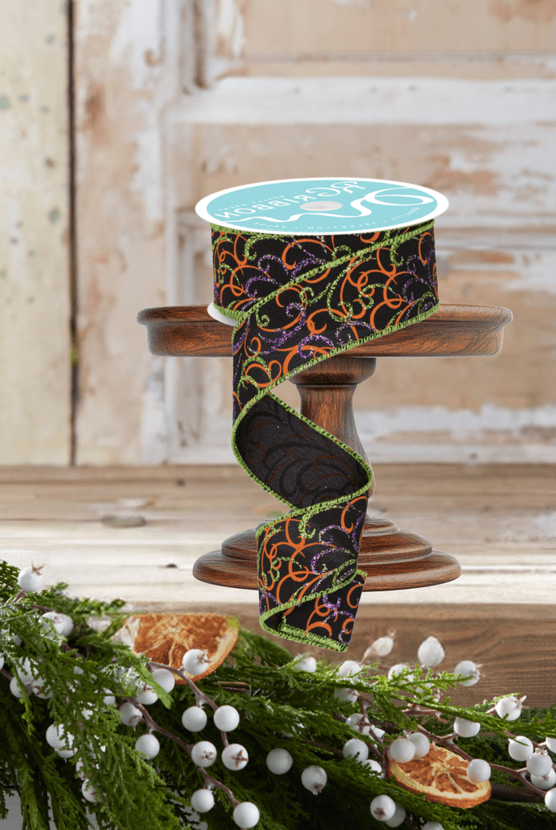 Shop For 1.5" Multi Swirls Glitter Ribbon: Black/Orange/Purple/Lime (10 Yard)