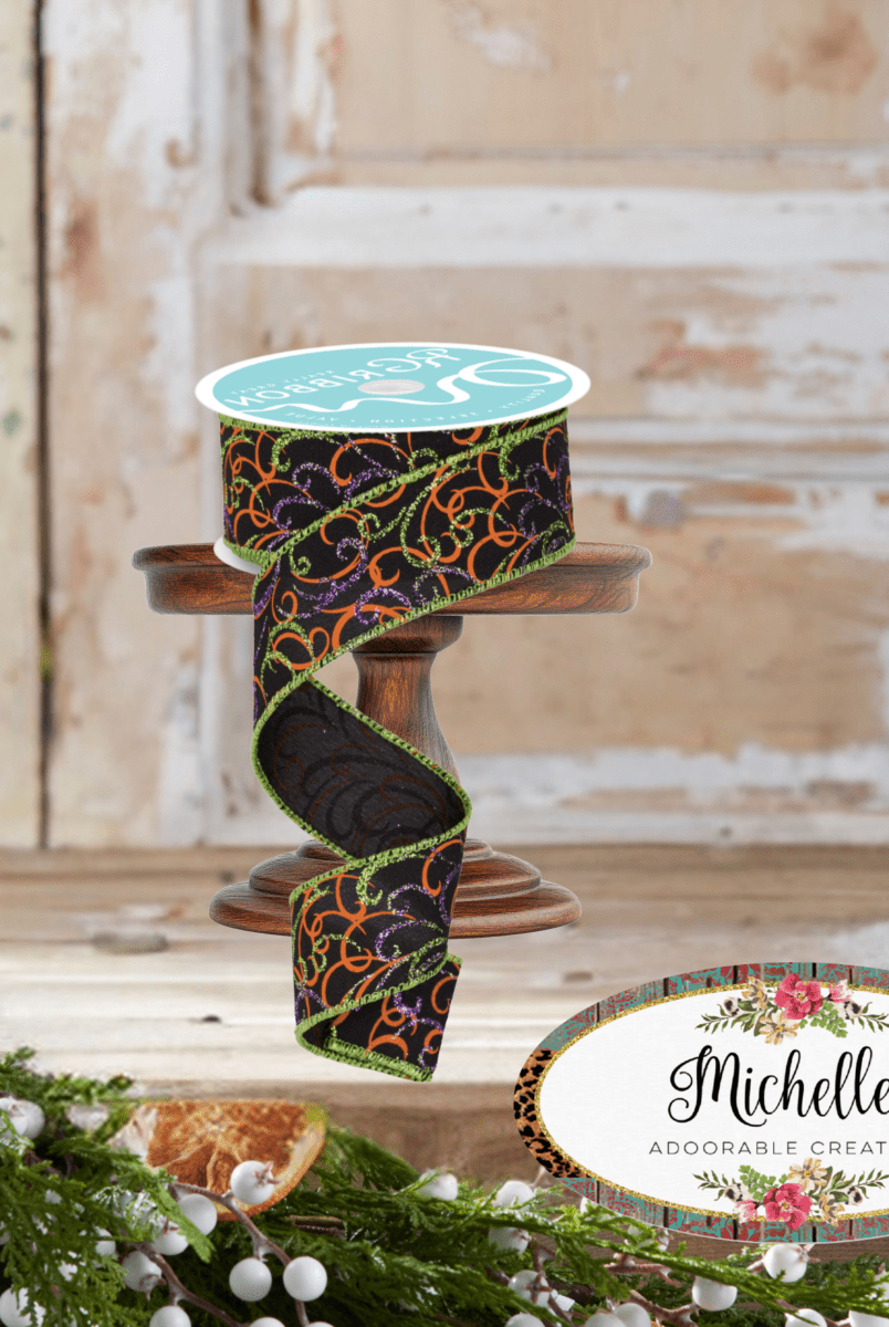 Shop For 1.5" Multi Swirls Glitter Ribbon: Black/Orange/Purple/Lime (10 Yard)