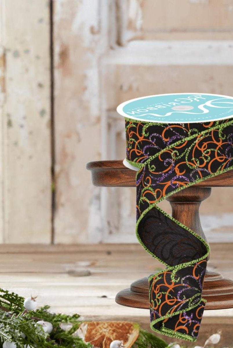 Shop For 1.5" Multi Swirls Glitter Ribbon: Black/Orange/Purple/Lime (10 Yard)