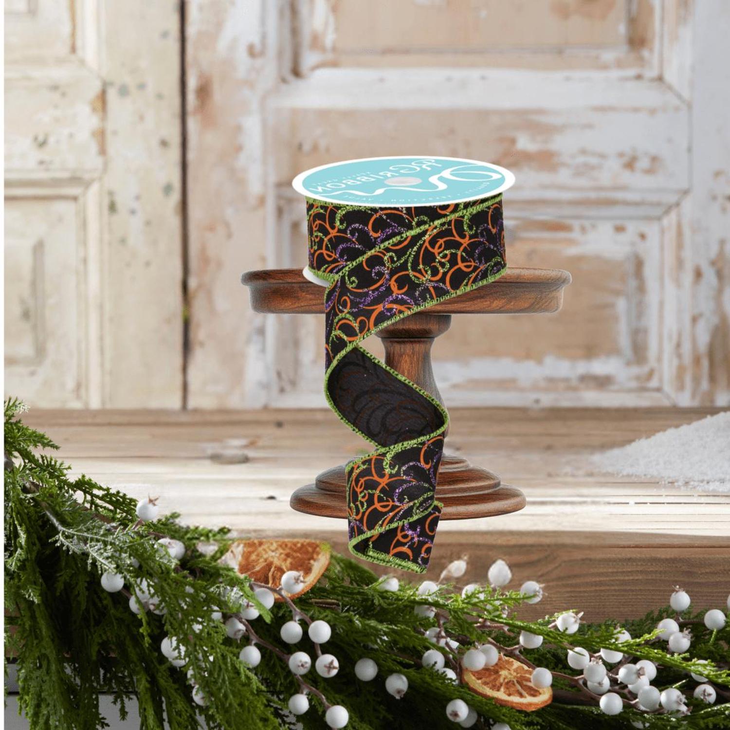 Shop For 1.5" Multi Swirls Glitter Ribbon: Black/Orange/Purple/Lime (10 Yard)