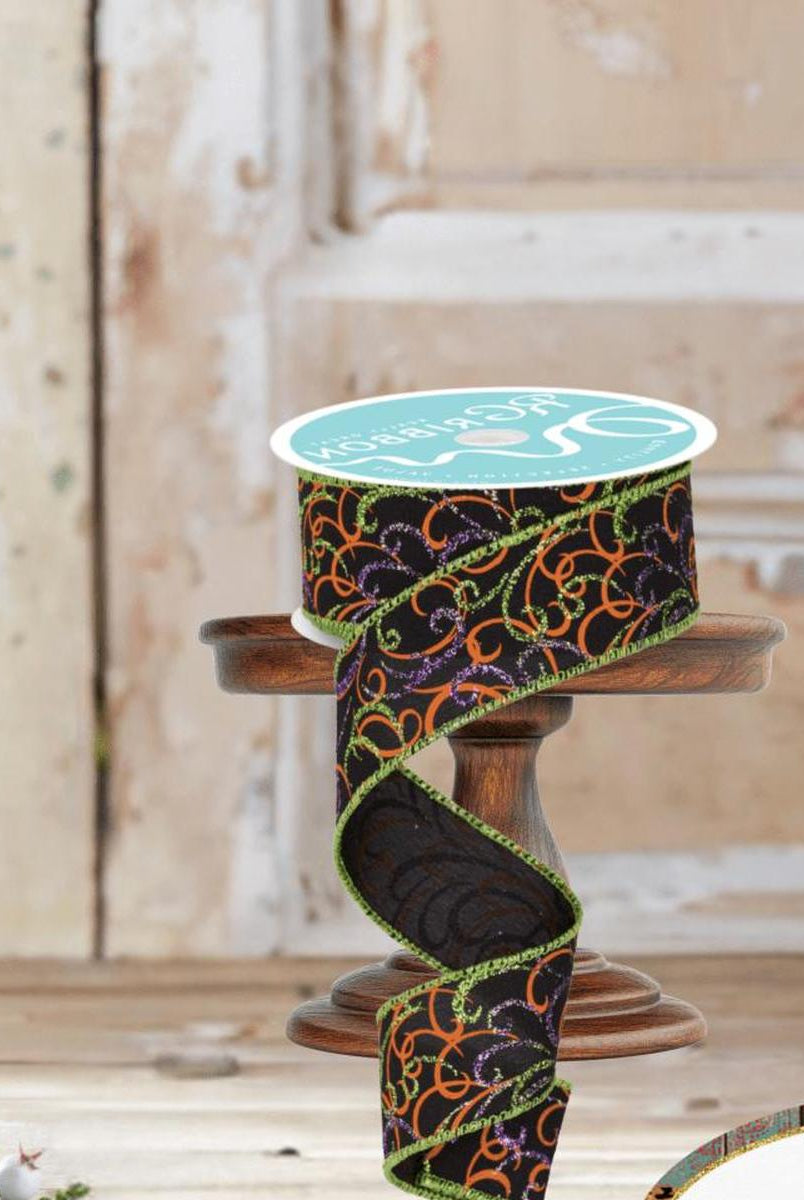 Shop For 1.5" Multi Swirls Glitter Ribbon: Black/Orange/Purple/Lime (10 Yard)