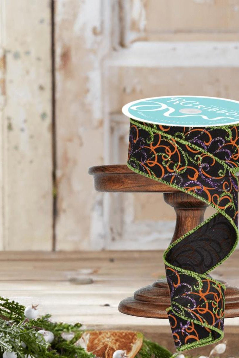 Shop For 1.5" Multi Swirls Glitter Ribbon: Black/Orange/Purple/Lime (10 Yard)