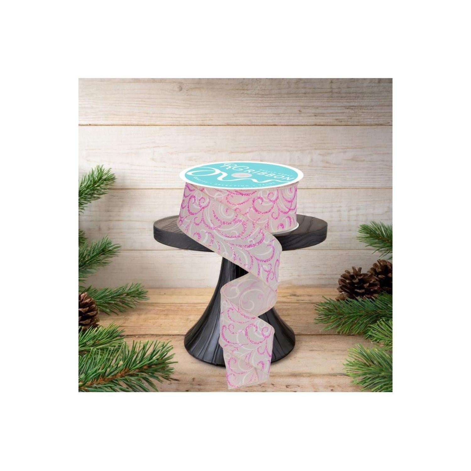 1.5" Multi Swirls Glitter Ribbon: Cream/Pink/White (10 Yard)