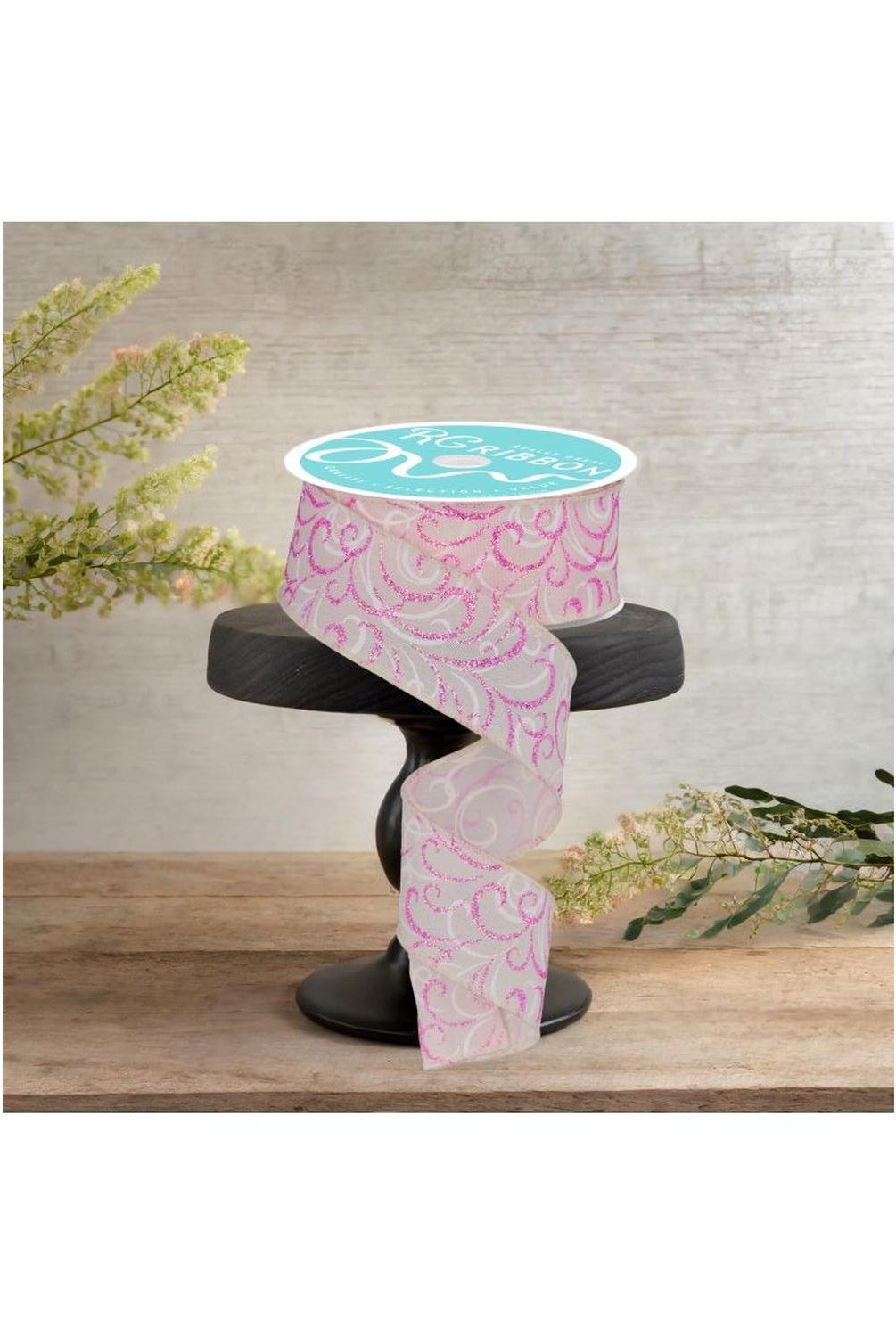 1.5" Multi Swirls Glitter Ribbon: Cream/Pink/White (10 Yard)