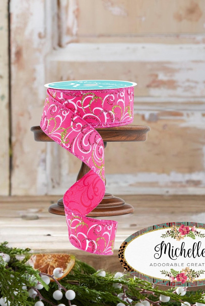 Shop For 1.5" Multi Swirls Glitter Ribbon: Hot Pink/Lime/White (10 Yard)