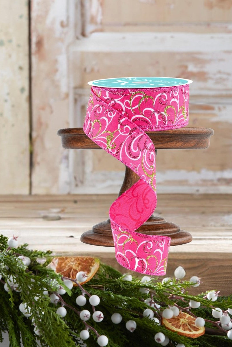 Shop For 1.5" Multi Swirls Glitter Ribbon: Hot Pink/Lime/White (10 Yard)