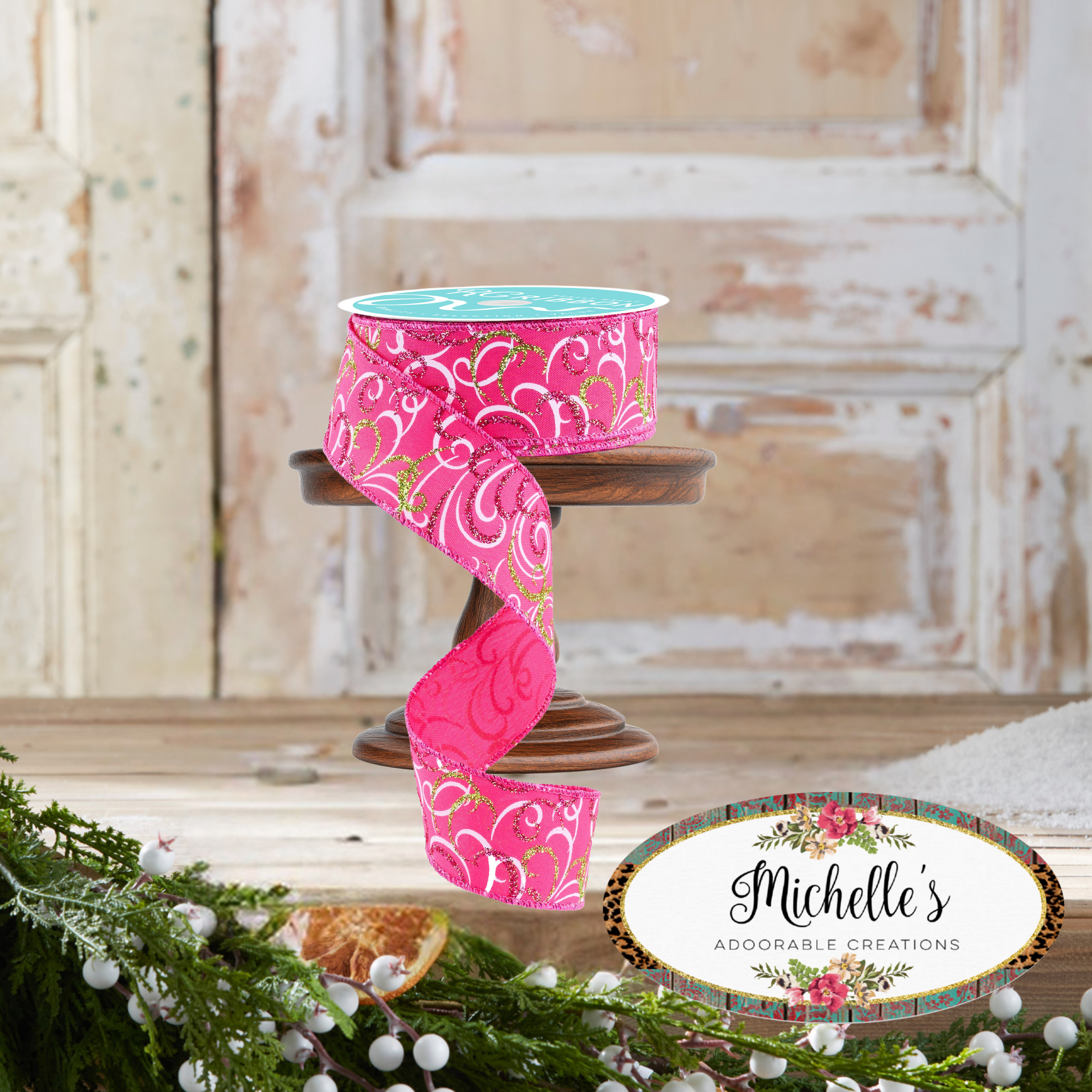 Shop For 1.5" Multi Swirls Glitter Ribbon: Hot Pink/Lime/White (10 Yard)