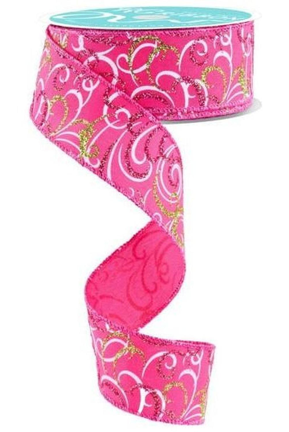 1.5" Multi Swirls Glitter Ribbon: Hot Pink/Lime/White (10 Yard)