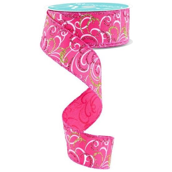Shop For 1.5" Multi Swirls Glitter Ribbon: Hot Pink/Lime/White (10 Yard)