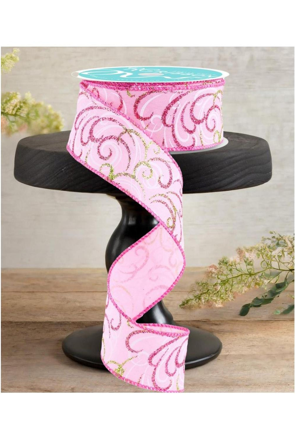 1.5" Multi Swirls Glitter Ribbon: Light Pink/Lime/White (10 Yard)