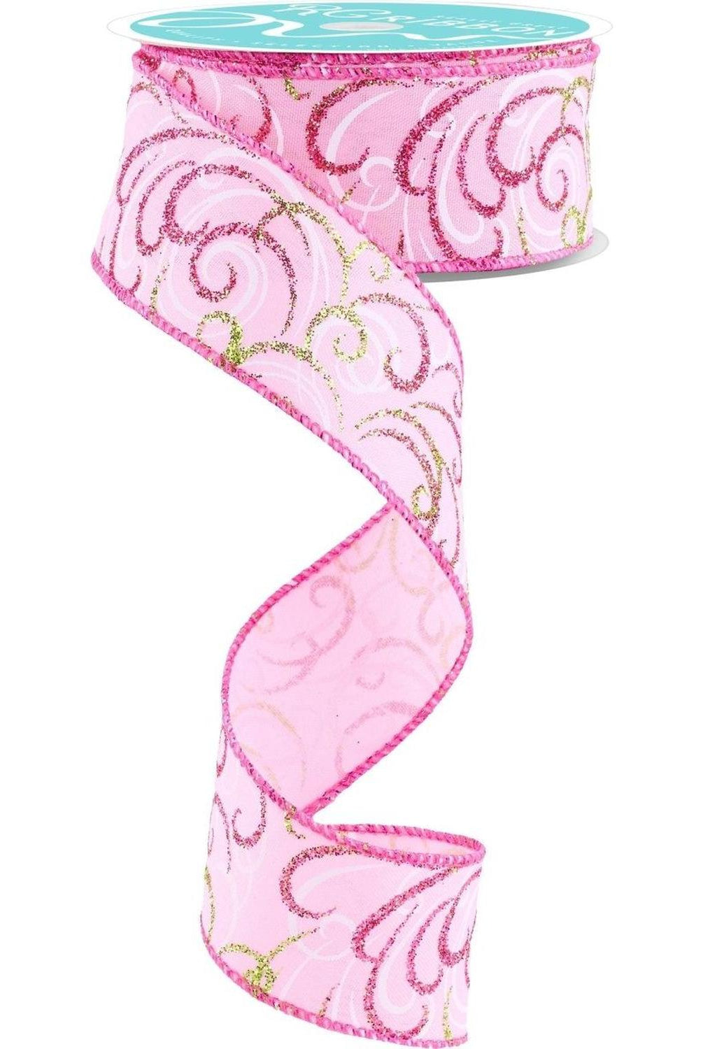1.5" Multi Swirls Glitter Ribbon: Light Pink/Lime/White (10 Yard)