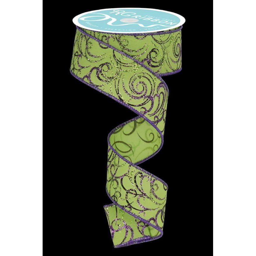 Shop For 1.5" Multi Swirls Glitter Ribbon: Lime Green/Purple (10 Yard) at Michelle's aDOORable Creations