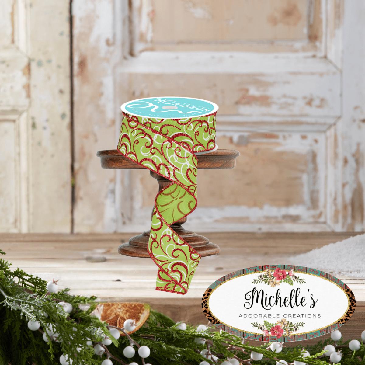 Shop For 1.5" Multi Swirls Glitter Ribbon: Lime Green/Red (10 Yard)