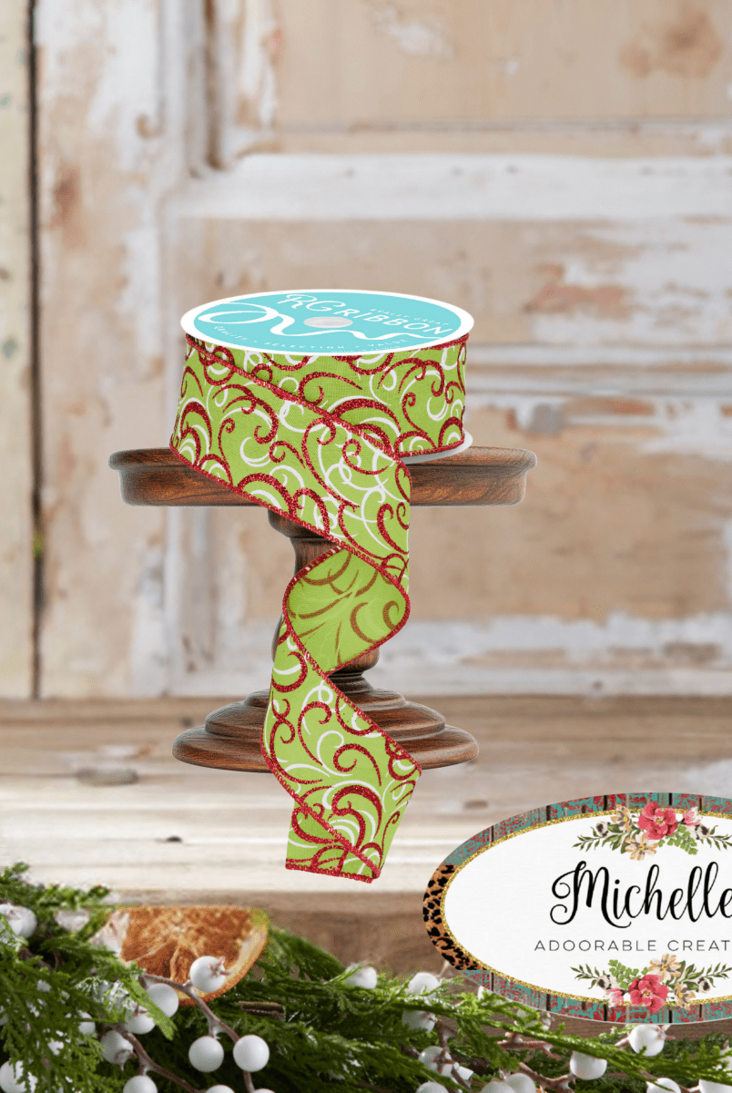 Shop For 1.5" Multi Swirls Glitter Ribbon: Lime Green/Red (10 Yard)