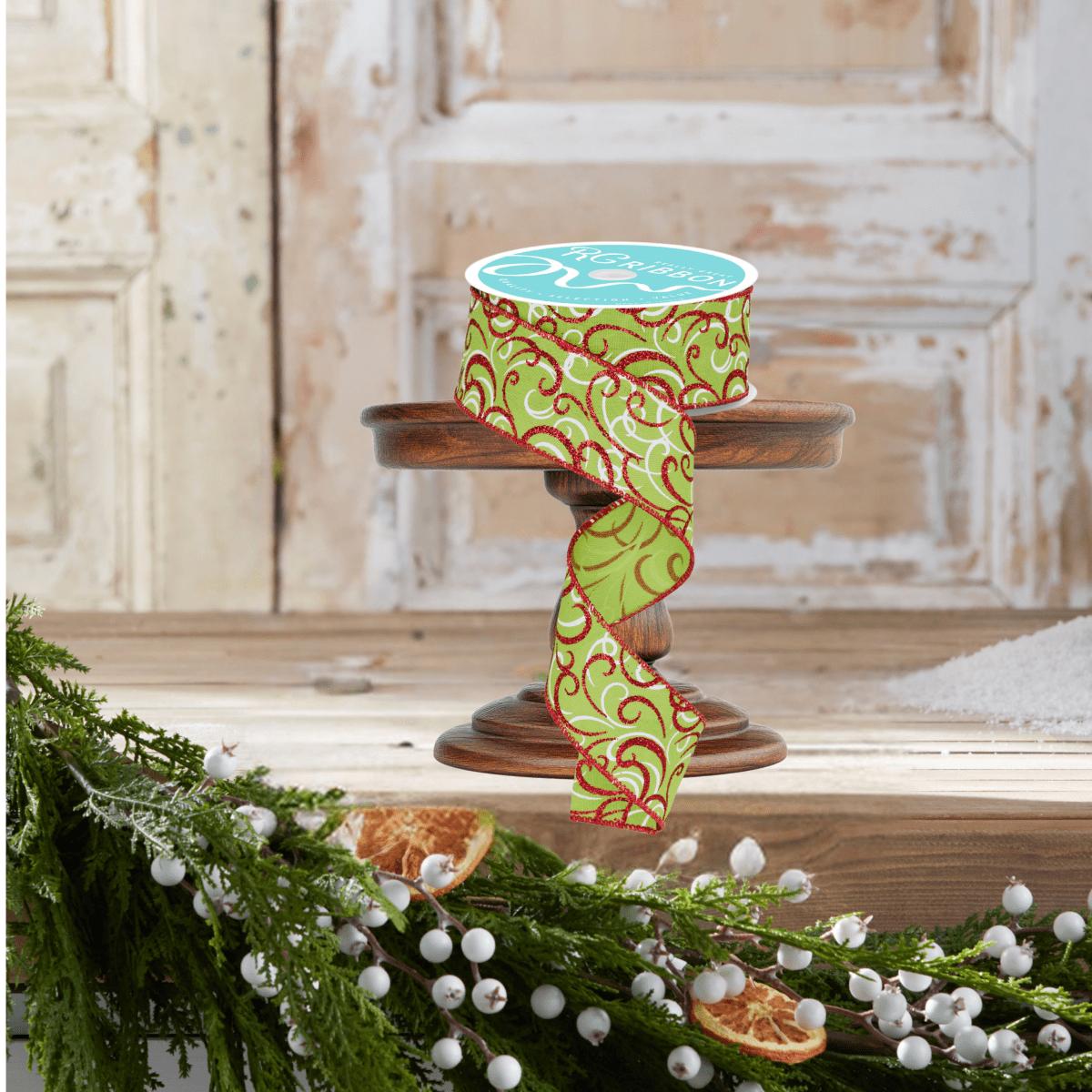 Shop For 1.5" Multi Swirls Glitter Ribbon: Lime Green/Red (10 Yard)