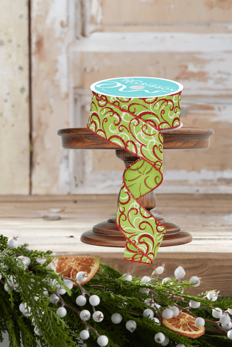 Shop For 1.5" Multi Swirls Glitter Ribbon: Lime Green/Red (10 Yard)