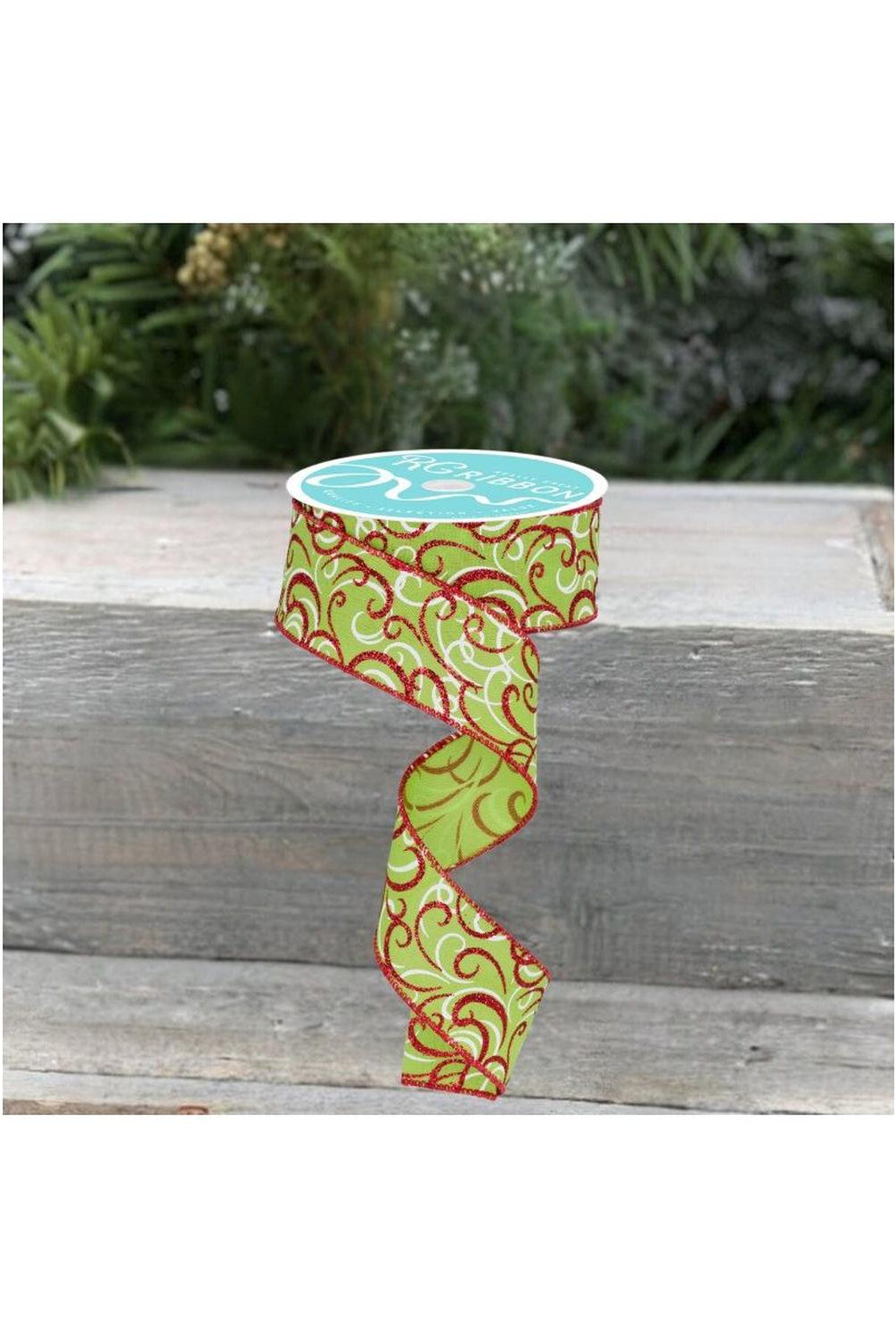 1.5" Multi Swirls Glitter Ribbon: Lime Green/Red (10 Yard)