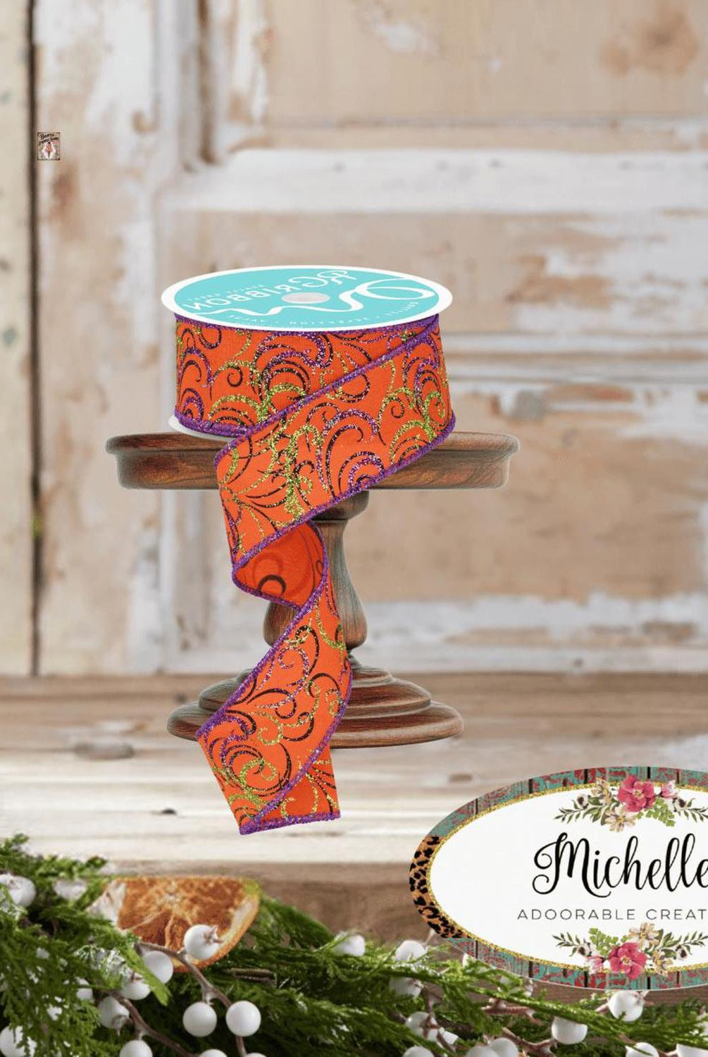 1.5" Multi Swirls Glitter Ribbon: Orange/Black/Purple (10 Yard)