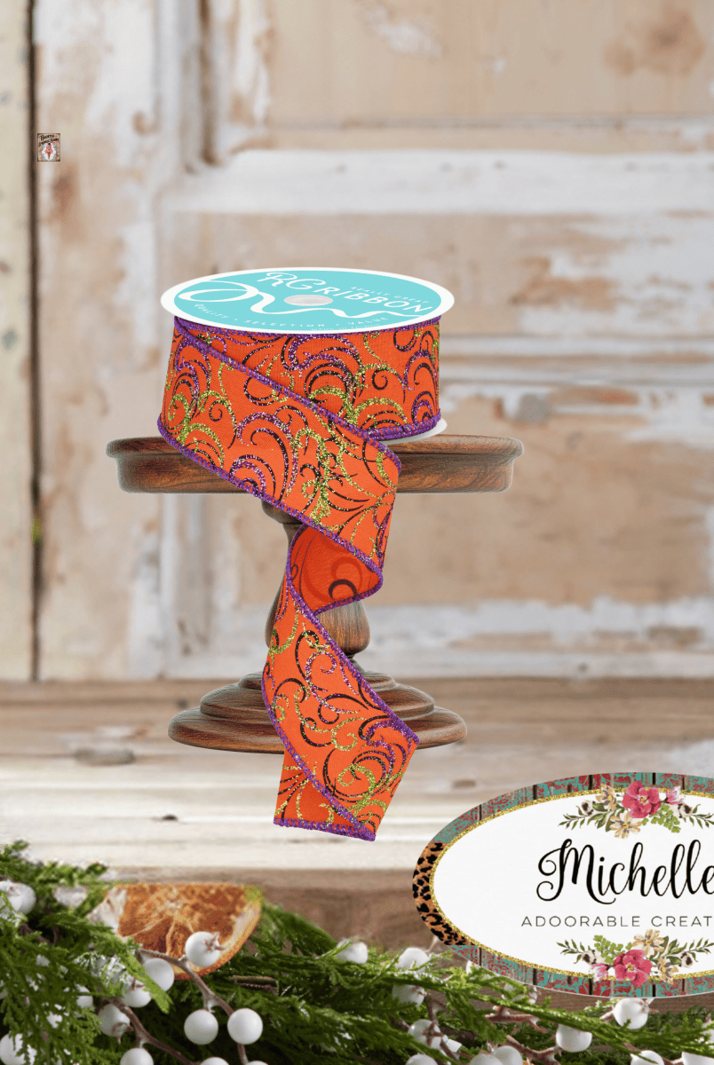 Shop For 1.5" Multi Swirls Glitter Ribbon: Orange/Black/Purple (10 Yard)