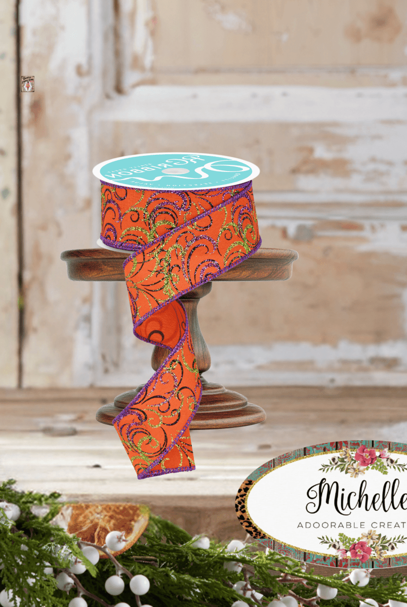 Shop For 1.5" Multi Swirls Glitter Ribbon: Orange/Black/Purple (10 Yard)