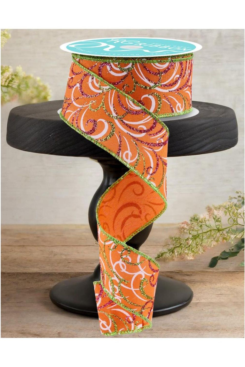 1.5" Multi Swirls Glitter Ribbon: Orange/Pink/Lime (10 Yard)