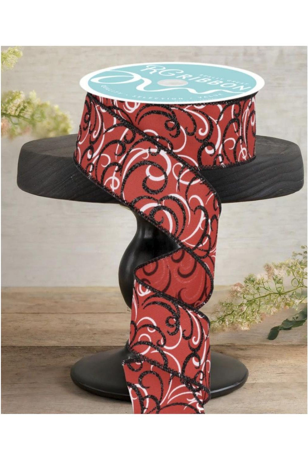1.5" Multi Swirls Glitter Ribbon: Red/Black (10 Yard)