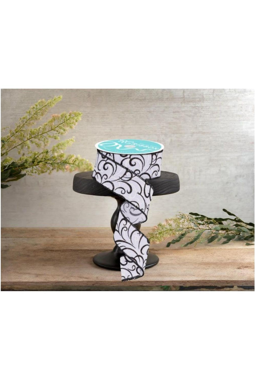 1.5" Multi Swirls Glitter Ribbon: White/Black (10 Yard)