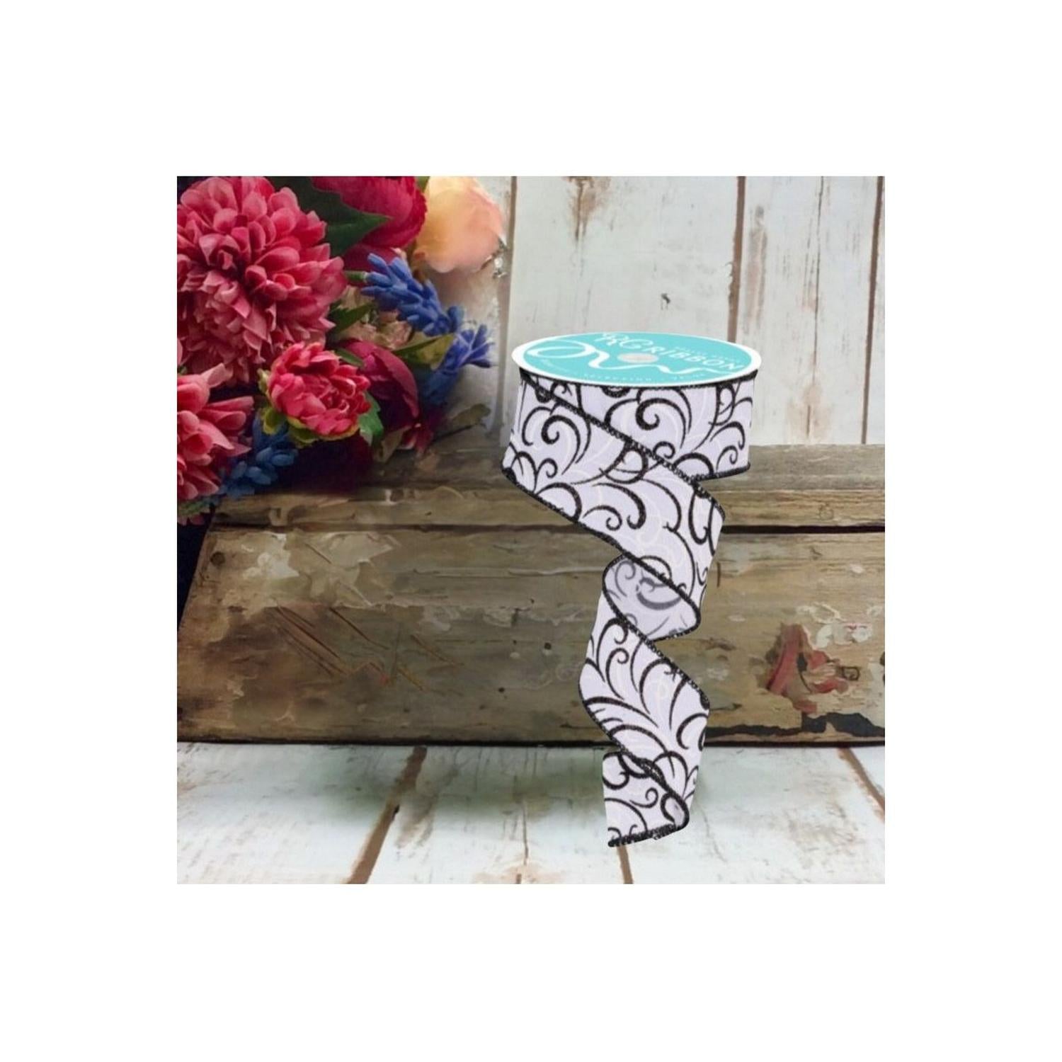Shop For 1.5" Multi Swirls Glitter Ribbon: White/Black (10 Yard) at Michelle's aDOORable Creations