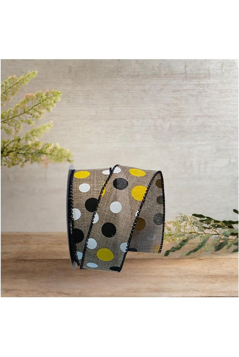 1.5" Natural Canvas Ribbon: Black, Yellow, White Dots (10 Yards)