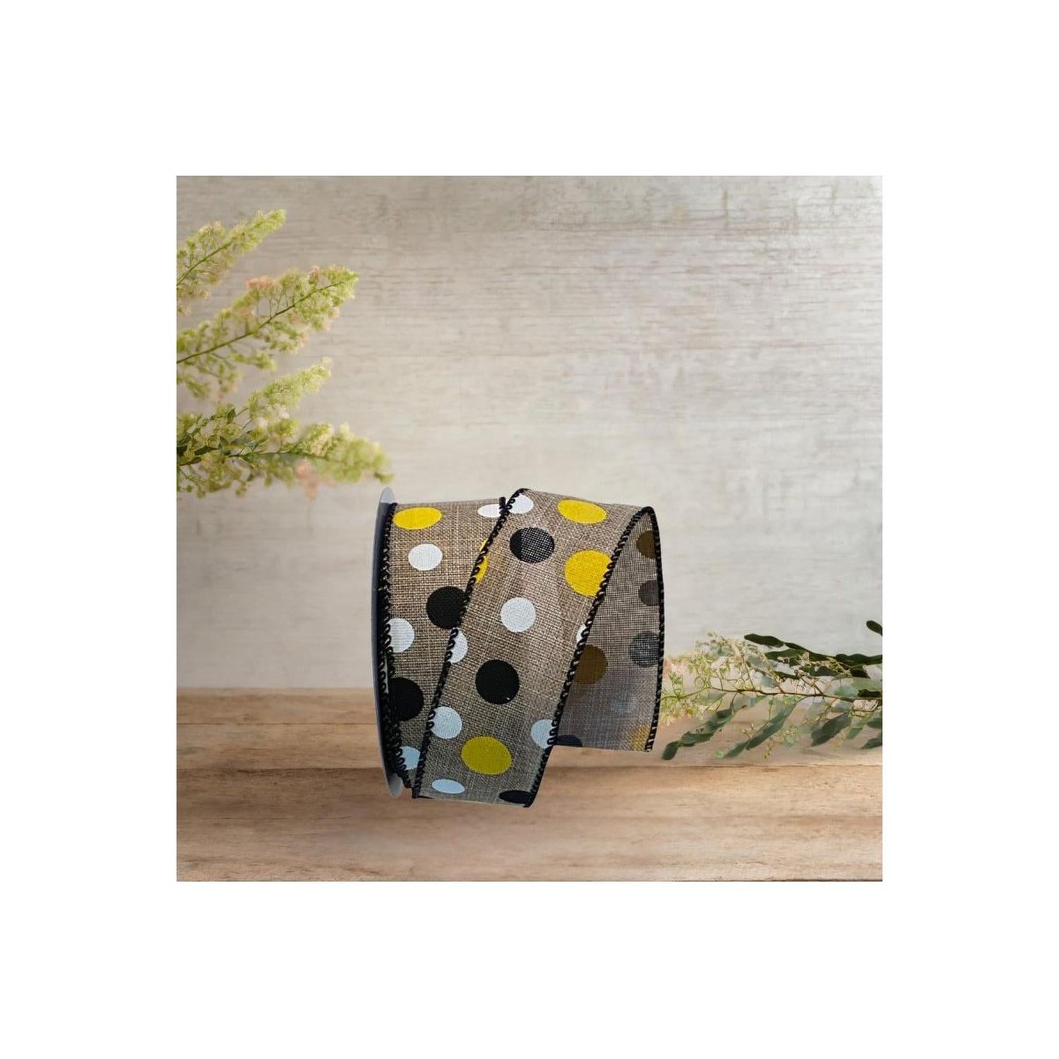 1.5" Natural Canvas Ribbon: Black, Yellow, White Dots (10 Yards)