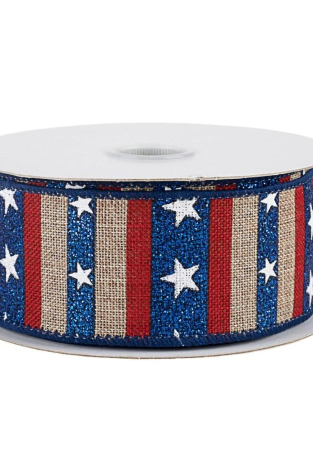 1.5" Navy Glitter Stripes With Stars Ribbon: Natural (10 Yards)