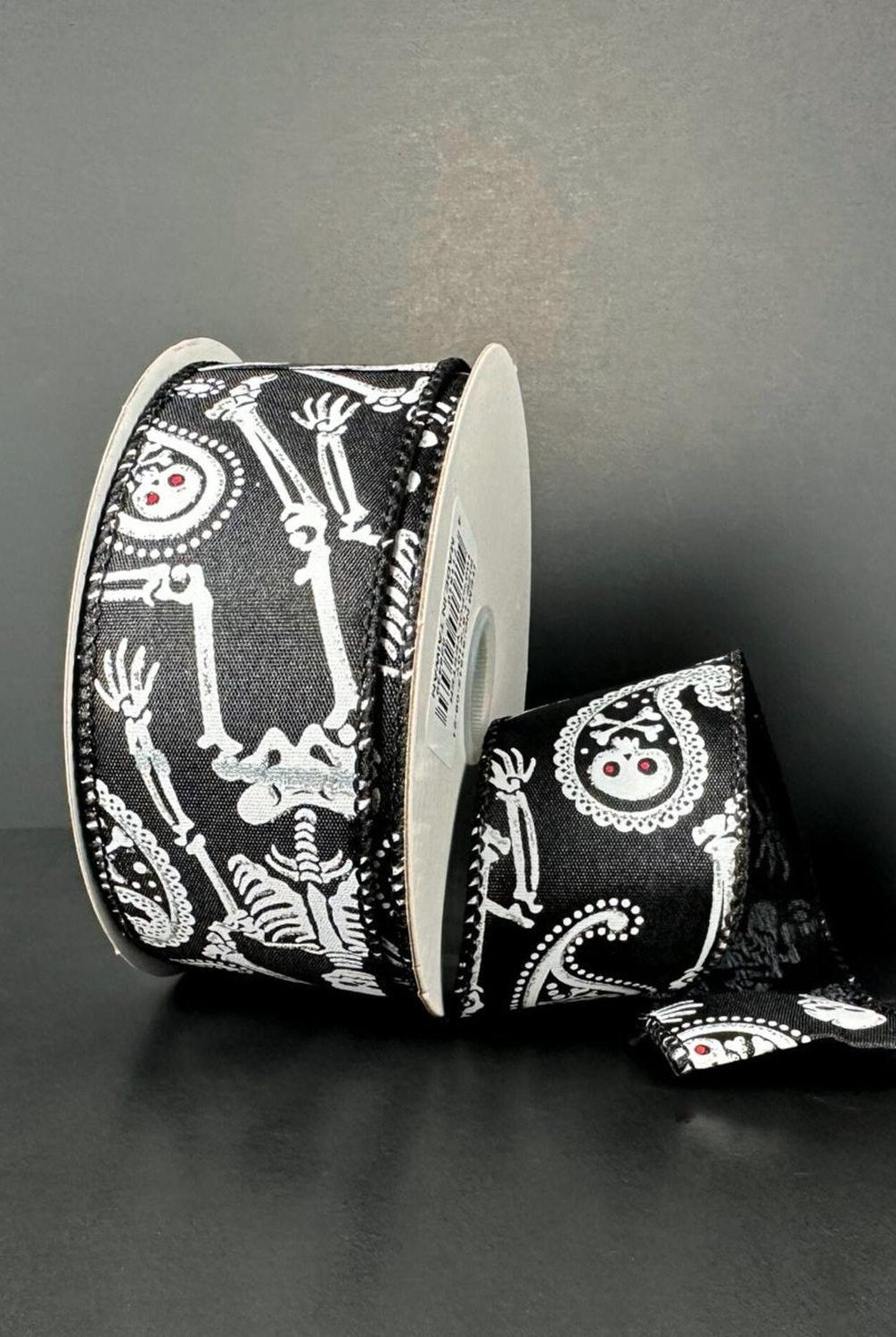 1.5" Paisley Skull Halloween Ribbon: Black (10 Yards)