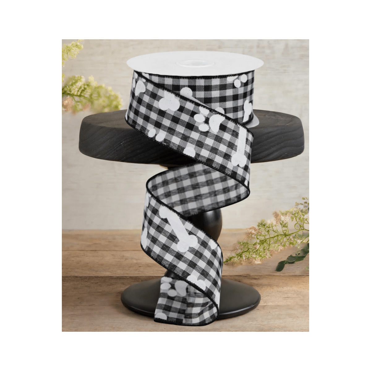 Shop For 1.5" Paw Print Bone Check Ribbon: Black/White (10 Yards)
