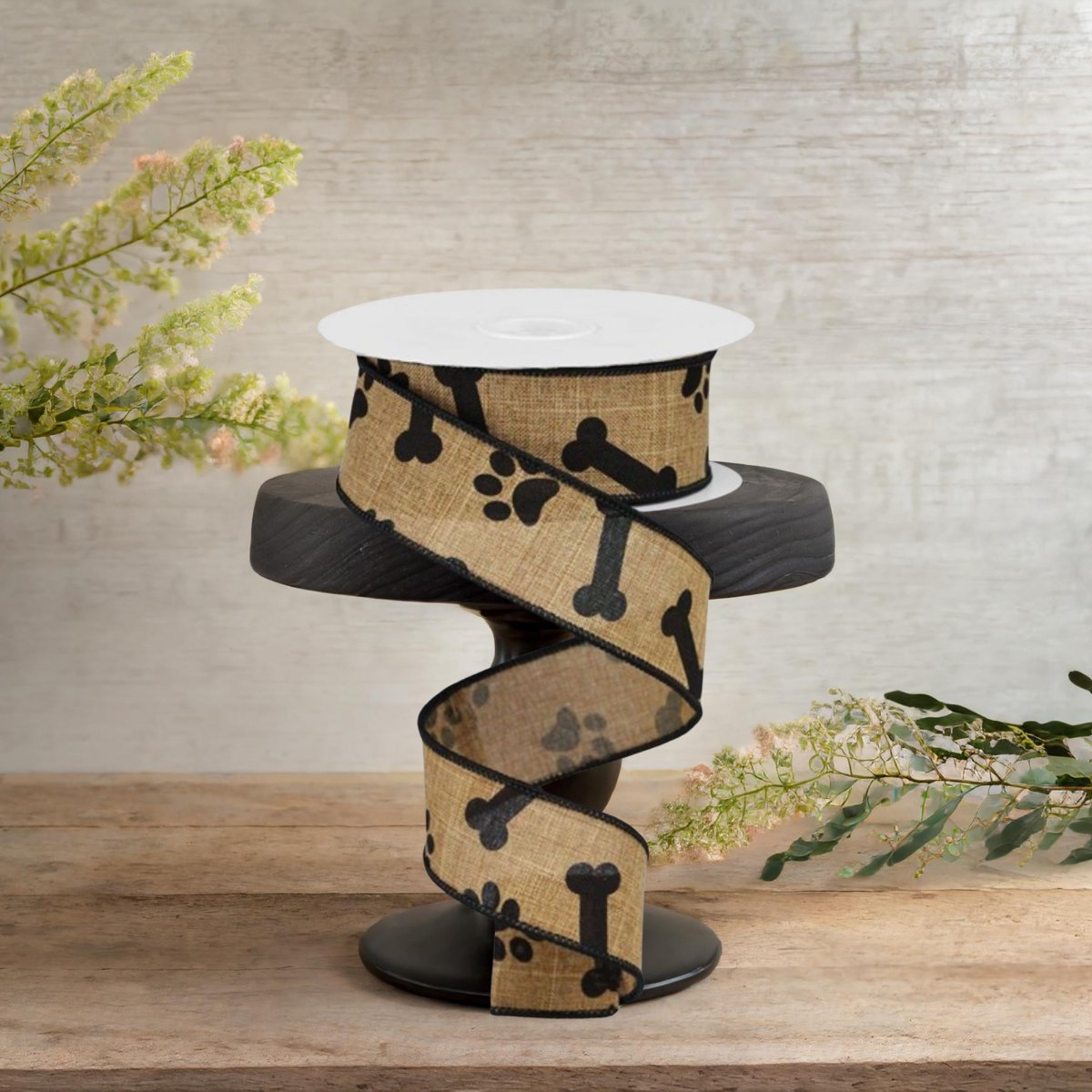 Shop For 1.5" Paw Print Royal Ribbon: Tan & Black (10 Yards)