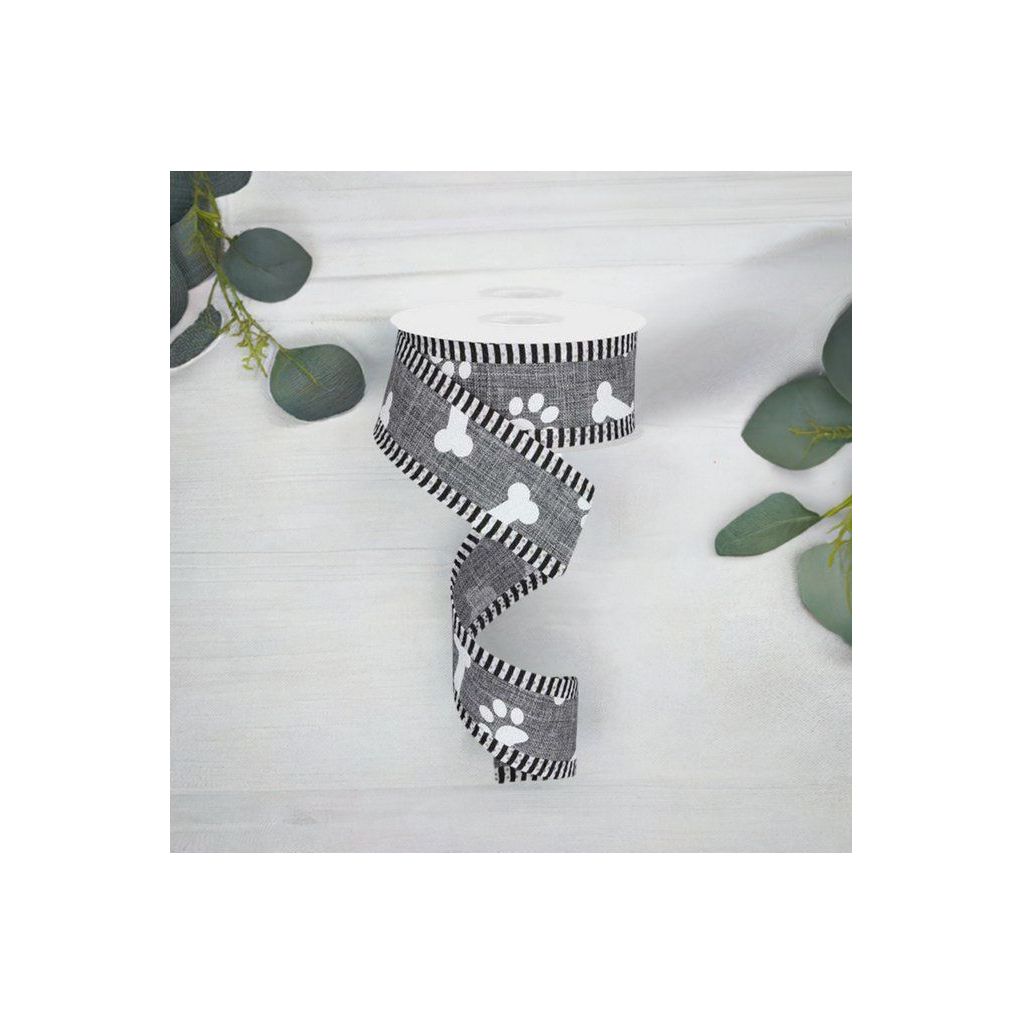 Shop For 1.5" Paw Print Thin Stripes Ribbon: Grey (10 Yards) at Michelle's aDOORable Creations