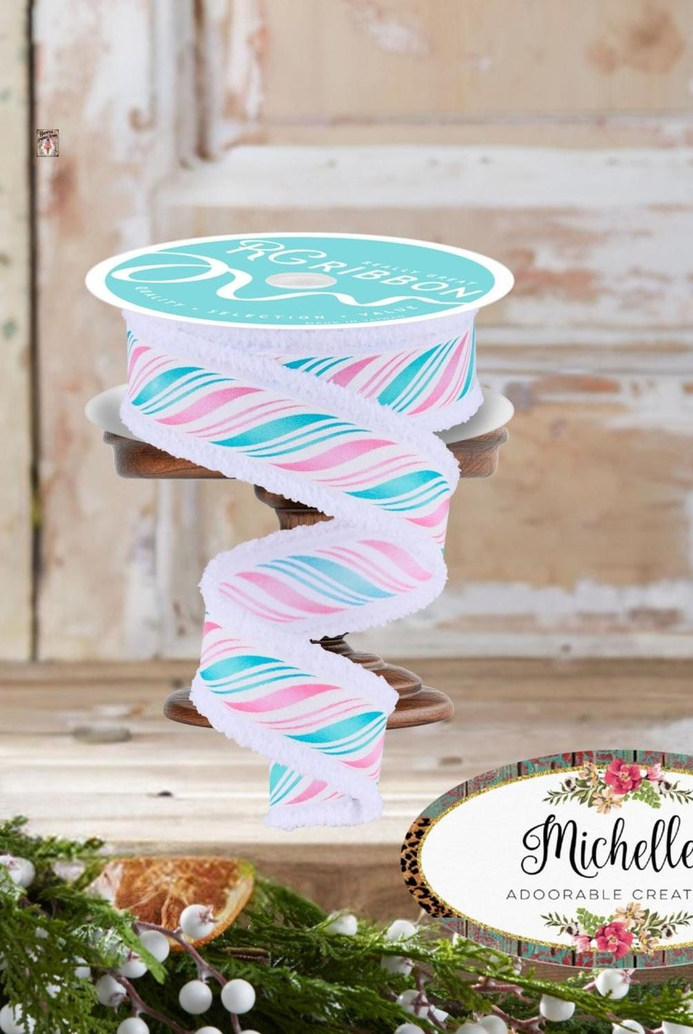 1.5" Peppermint Twist Drift Ribbon: Pink/Mint (10 Yards)