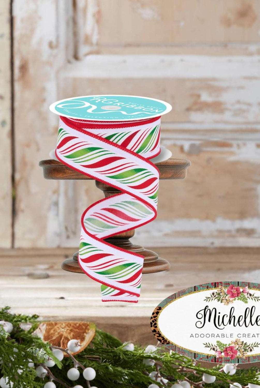 1.5" Peppermint Twist Ribbon: Red/Green (10 Yards)