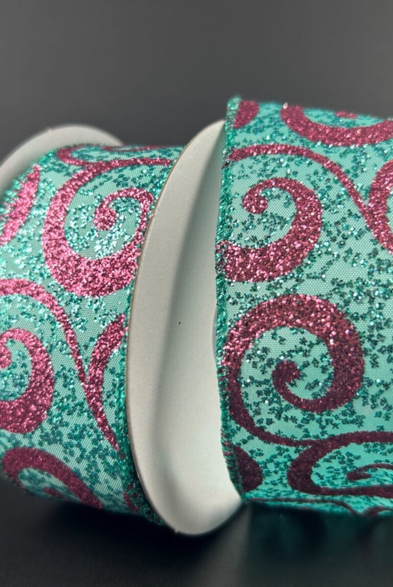 Shop For 1.5" Pink Glitter Swirl Ribbon: Teal (10 Yards)