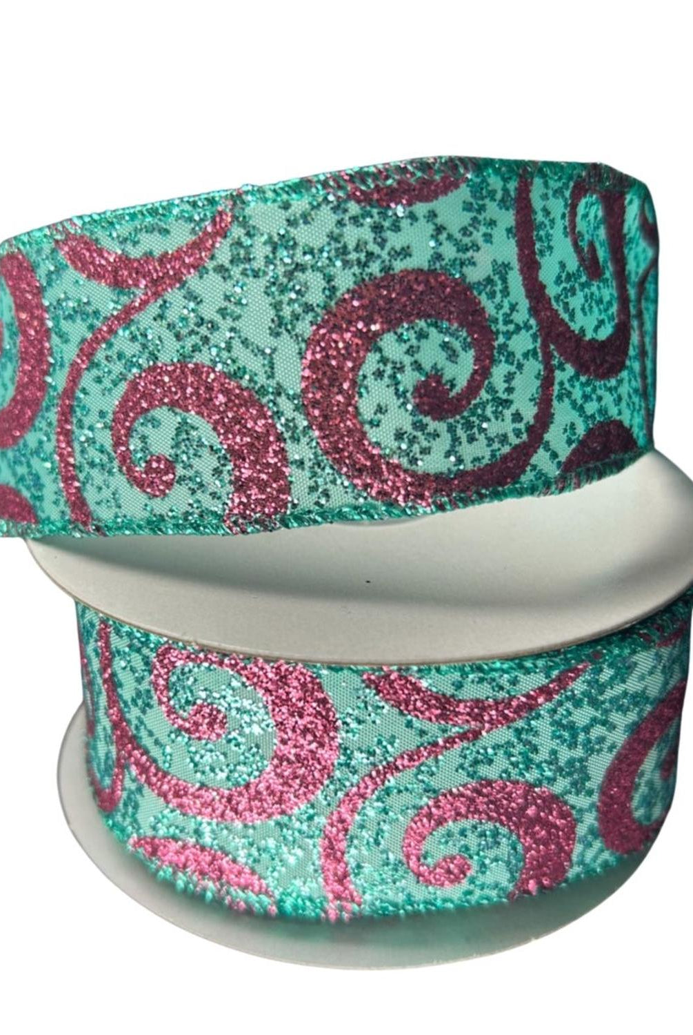 1.5" Pink Glitter Swirl Ribbon: Teal (10 Yards)