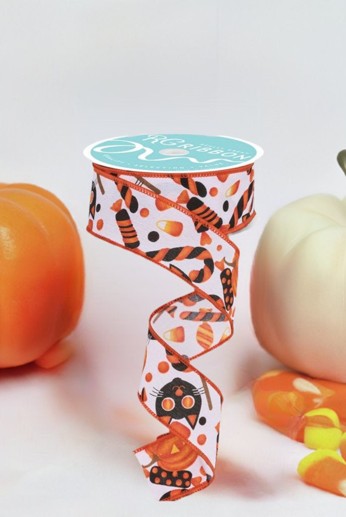 Shop For 1.5" Pumpkin Cat Candy Ribbon: White (10 Yards) at Michelle's aDOORable Creations