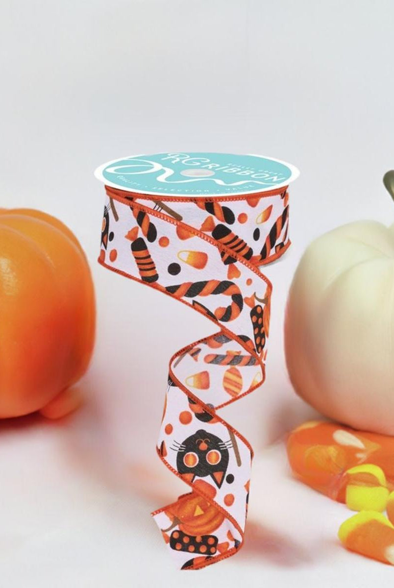 Shop For 1.5" Pumpkin Cat Candy Ribbon: White (10 Yards) at Michelle's aDOORable Creations