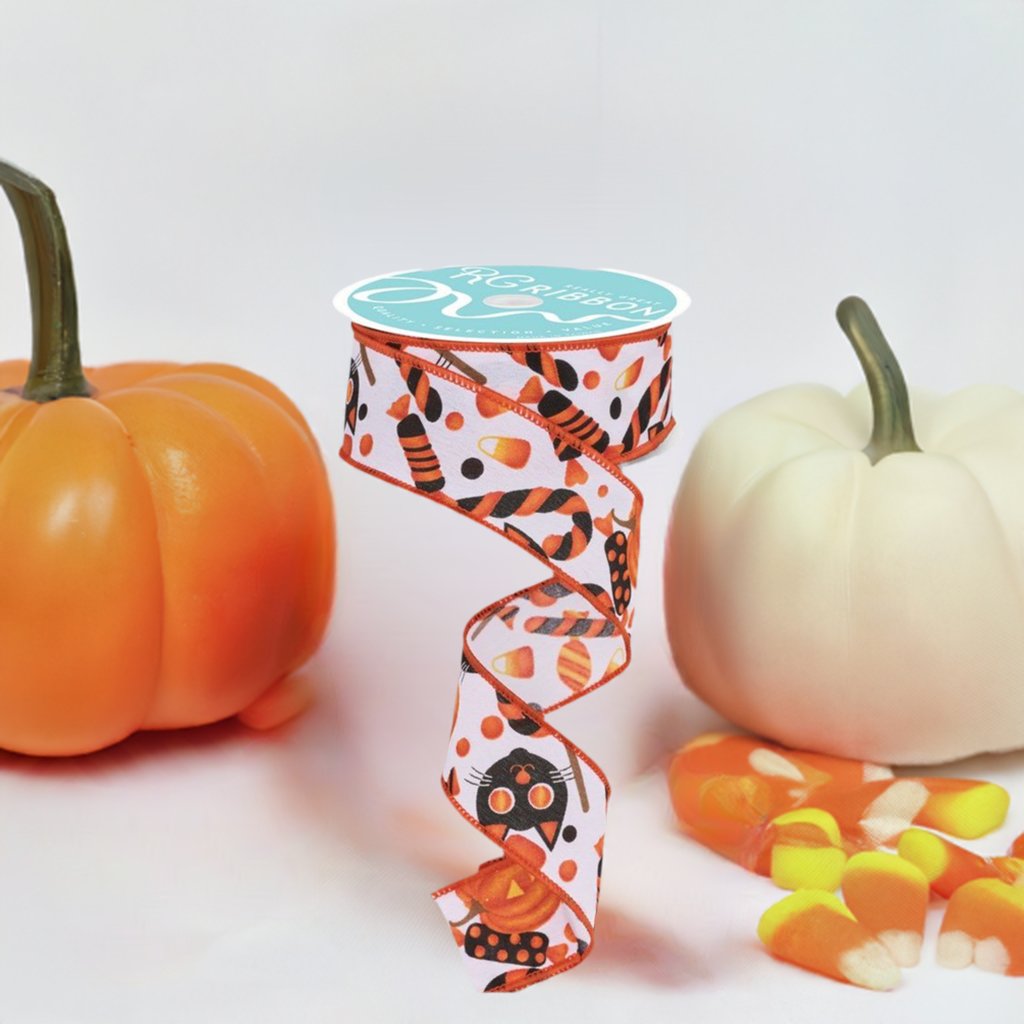 Shop For 1.5" Pumpkin Cat Candy Ribbon: White (10 Yards) at Michelle's aDOORable Creations