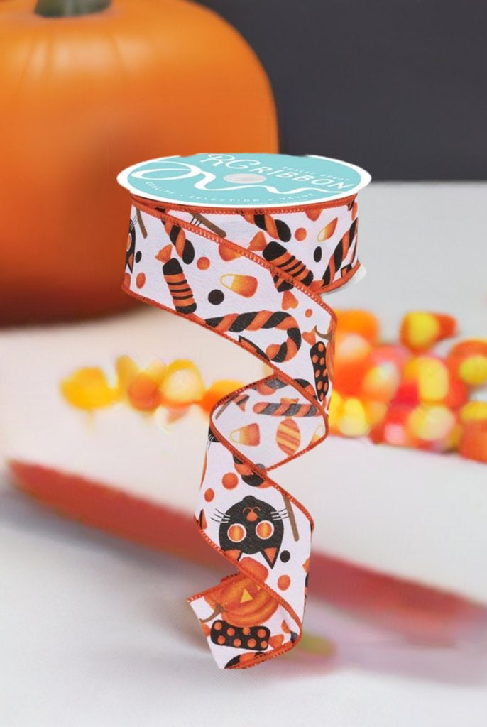 Shop For 1.5" Pumpkin Cat Candy Ribbon: White (10 Yards) at Michelle's aDOORable Creations