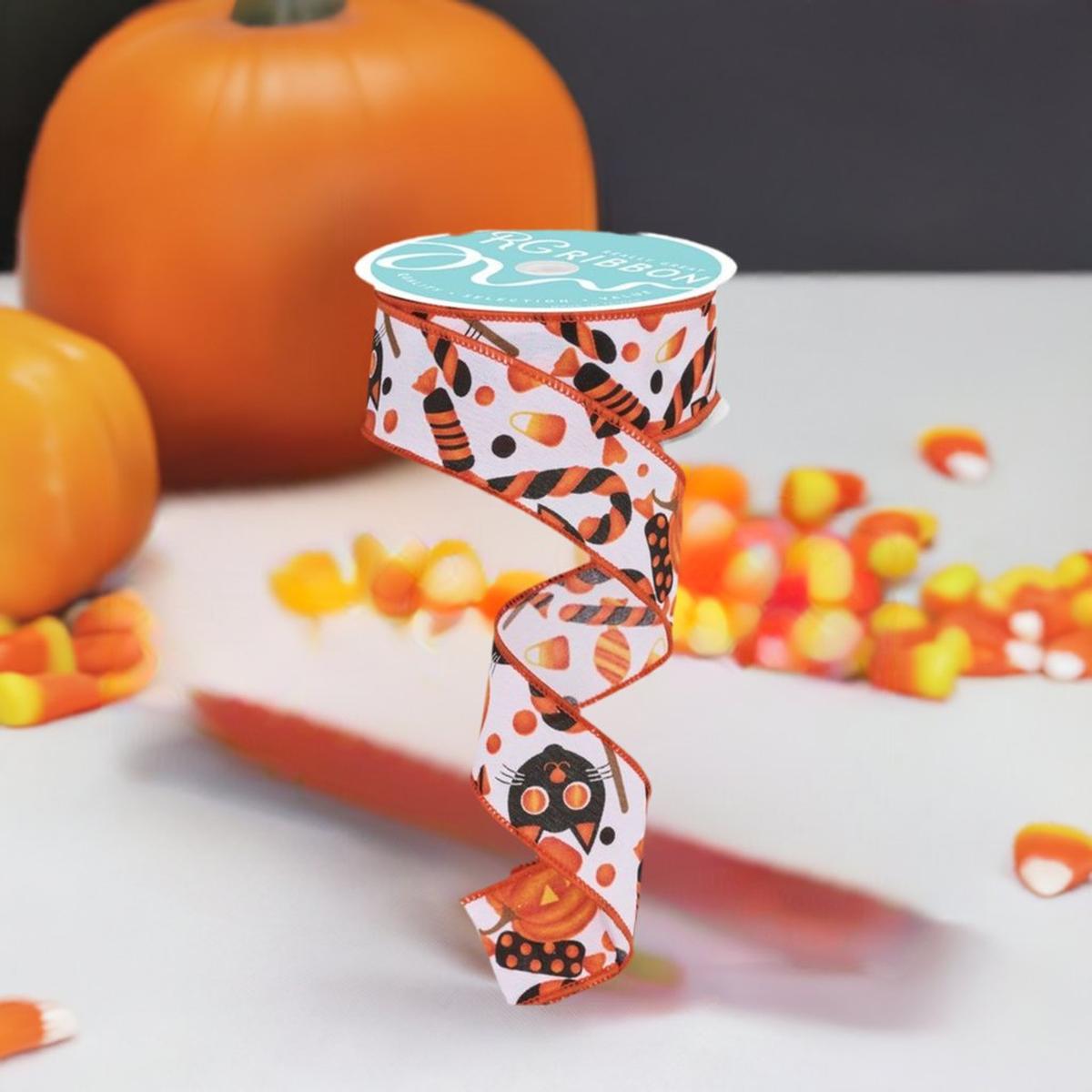 Shop For 1.5" Pumpkin Cat Candy Ribbon: White (10 Yards) at Michelle's aDOORable Creations