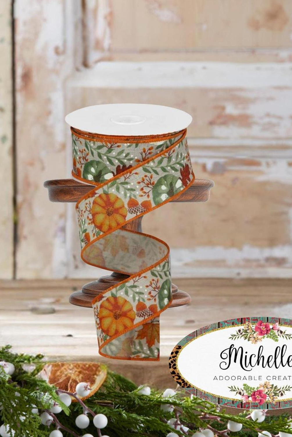 1.5" Pumpkin Foliage Ribbon: Light Natural (10 Yards)