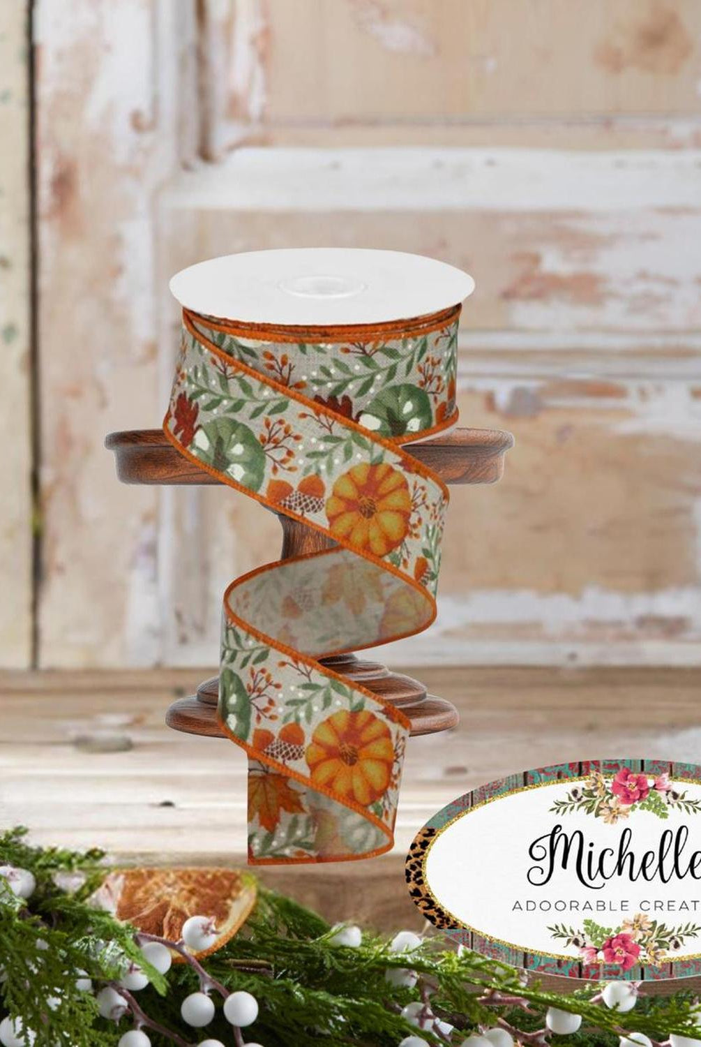 1.5" Pumpkin Foliage Ribbon: Light Natural (10 Yards)