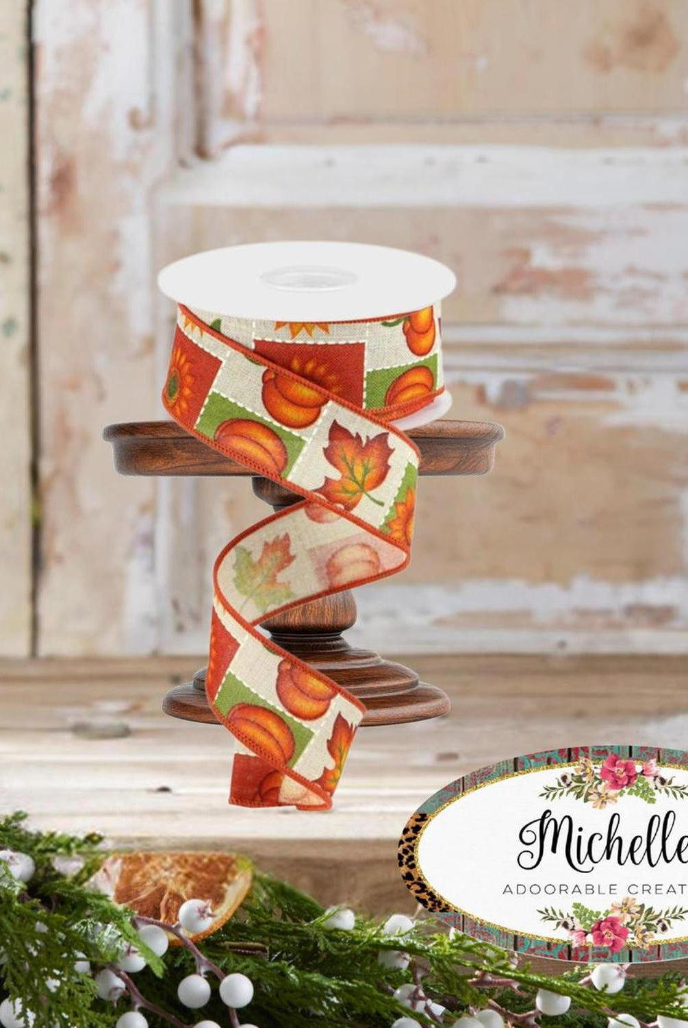 1.5" Pumpkin Sunflower and Maple Leaf Ribbon: Lt Natural (10 Yards)