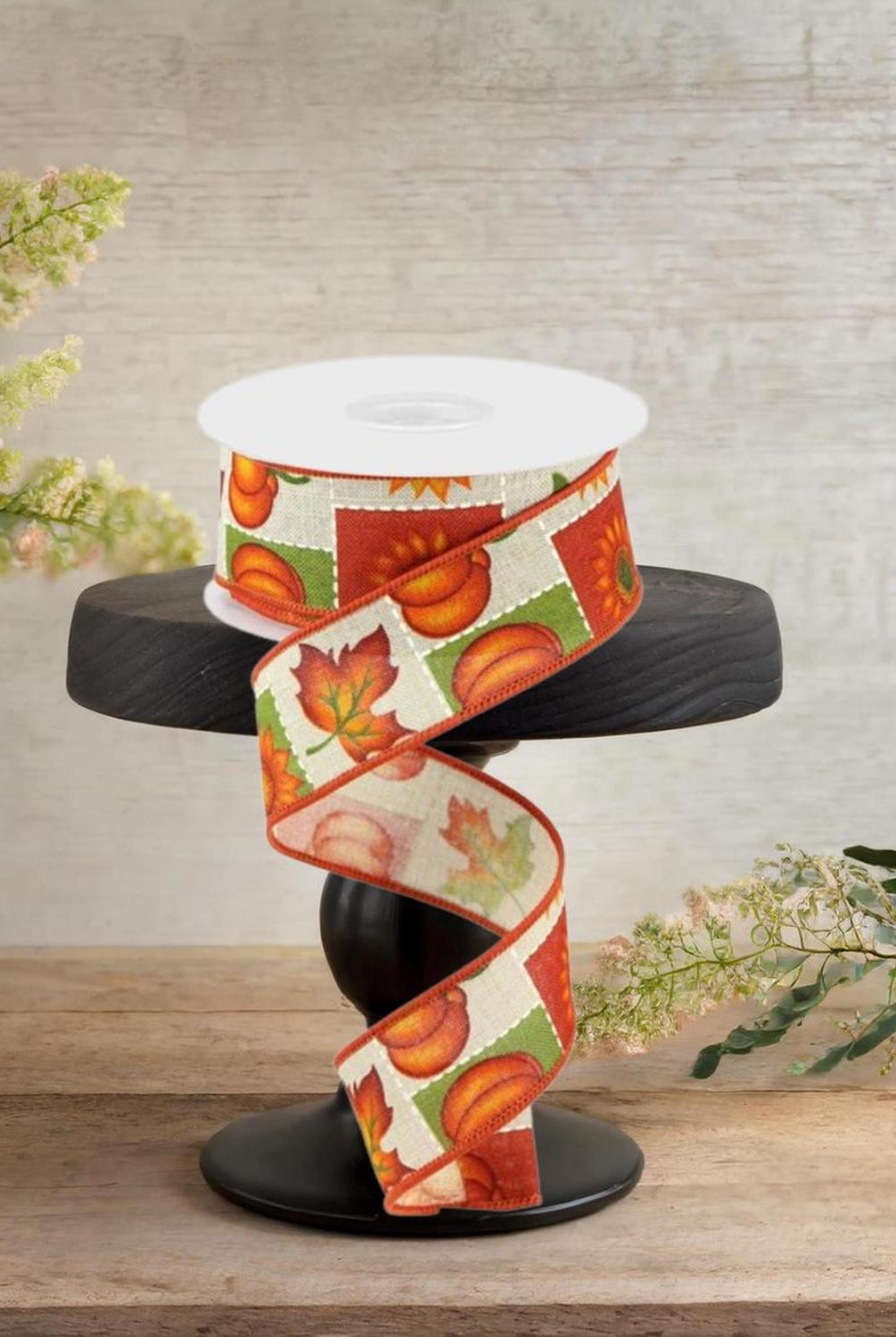 1.5" Pumpkin Sunflower and Maple Leaf Ribbon: Lt Natural (10 Yards)