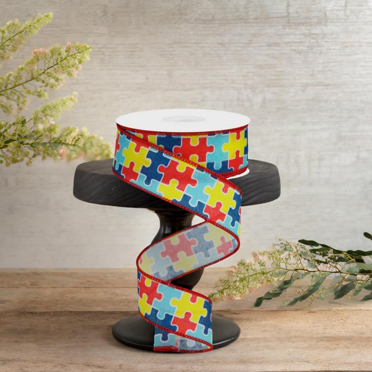 Shop For 1.5" Puzzle Piece Ribbon on Royal: Autism Awareness (10 Yards)